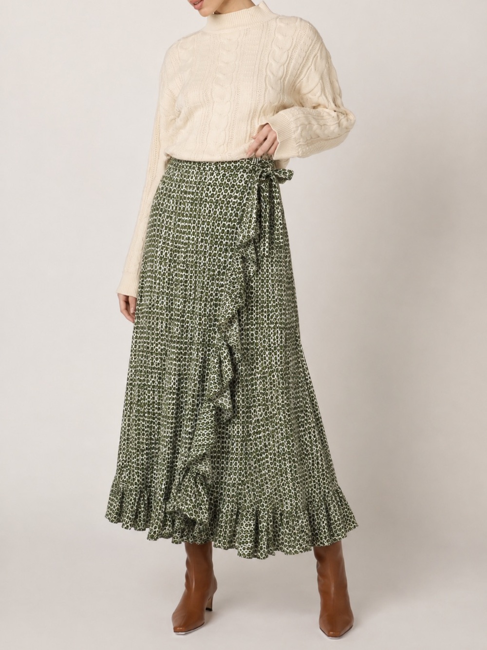 Cleobella Block Print Green Asymmetrical Cascading Ruffle Wrap Skirt Ankle XS